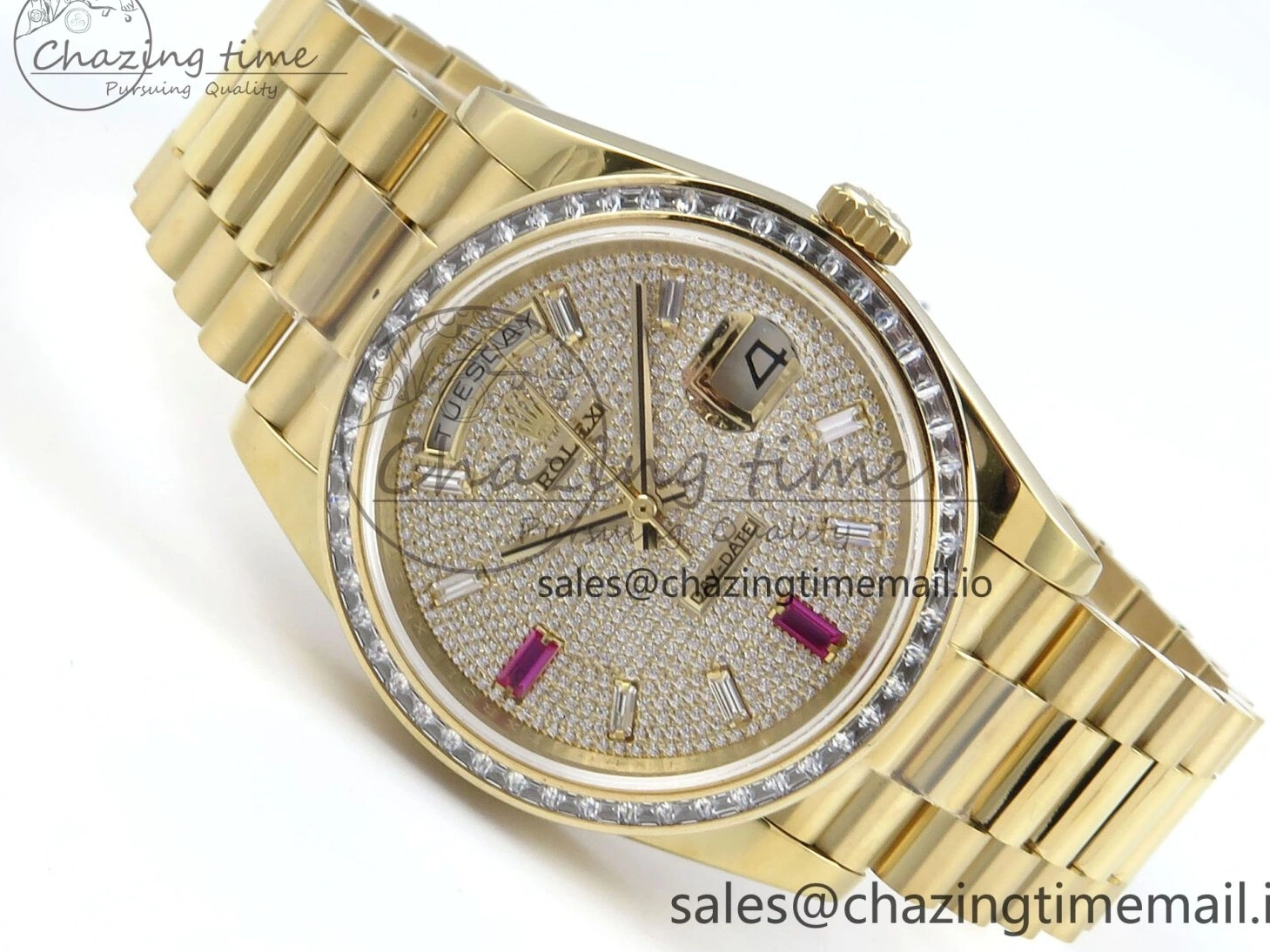 0205 DayDate 40 YG QF 1:1 Best Edition Pink Diamonds Dial Diamonds Bezel on President Bracelet A2836 V5 (Gain Weight) ZipUp 488